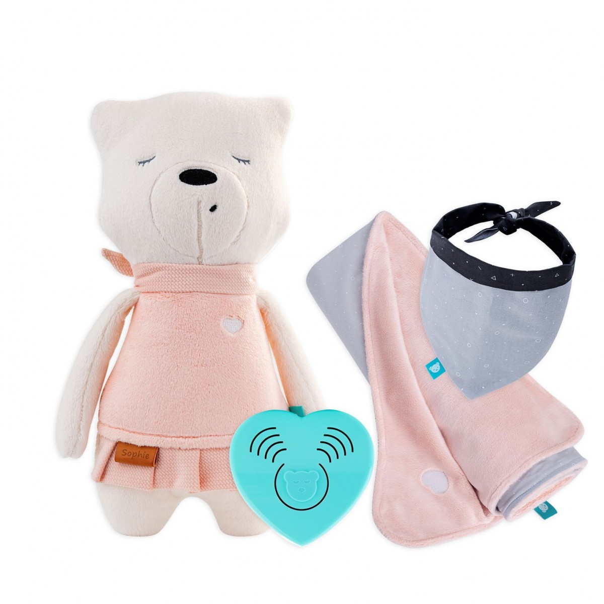 Akciós szettek SOPHIE - Alvásérzékelő + UNI pink takaró + bib Akciós szettek SOPHIE - Alvásérzékelő + UNI pink takaró + bib